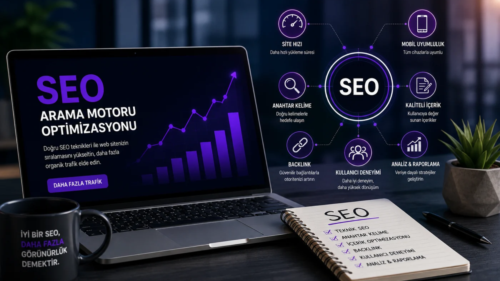 SEO performans optimizasyonu, teknik SEO ve organik trafik stratejilerini anlatan modern infographic