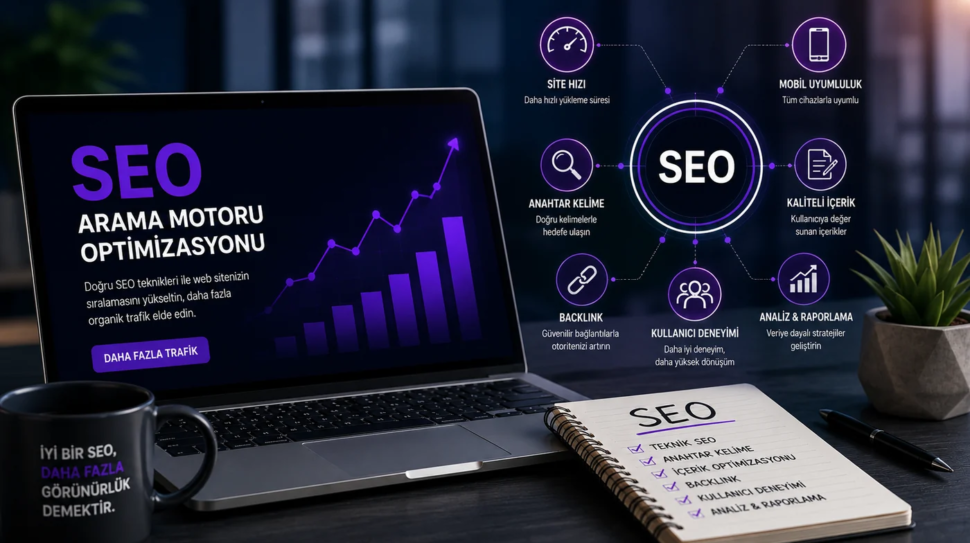 SEO performans optimizasyonu, teknik SEO ve organik trafik stratejilerini anlatan modern infographic
