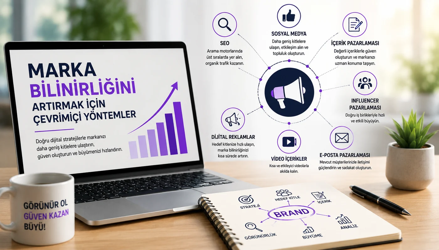 Marka bilinirliğini artırmak için SEO, sosyal medya ve dijital pazarlama stratejilerini gösteren modern infographic çalışma alanı