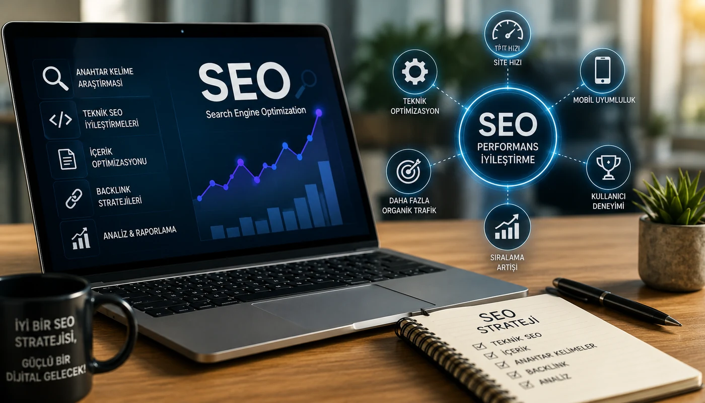 Arama motoru optimizasyonu tekniklerini gösteren modern SEO çalışma alanı