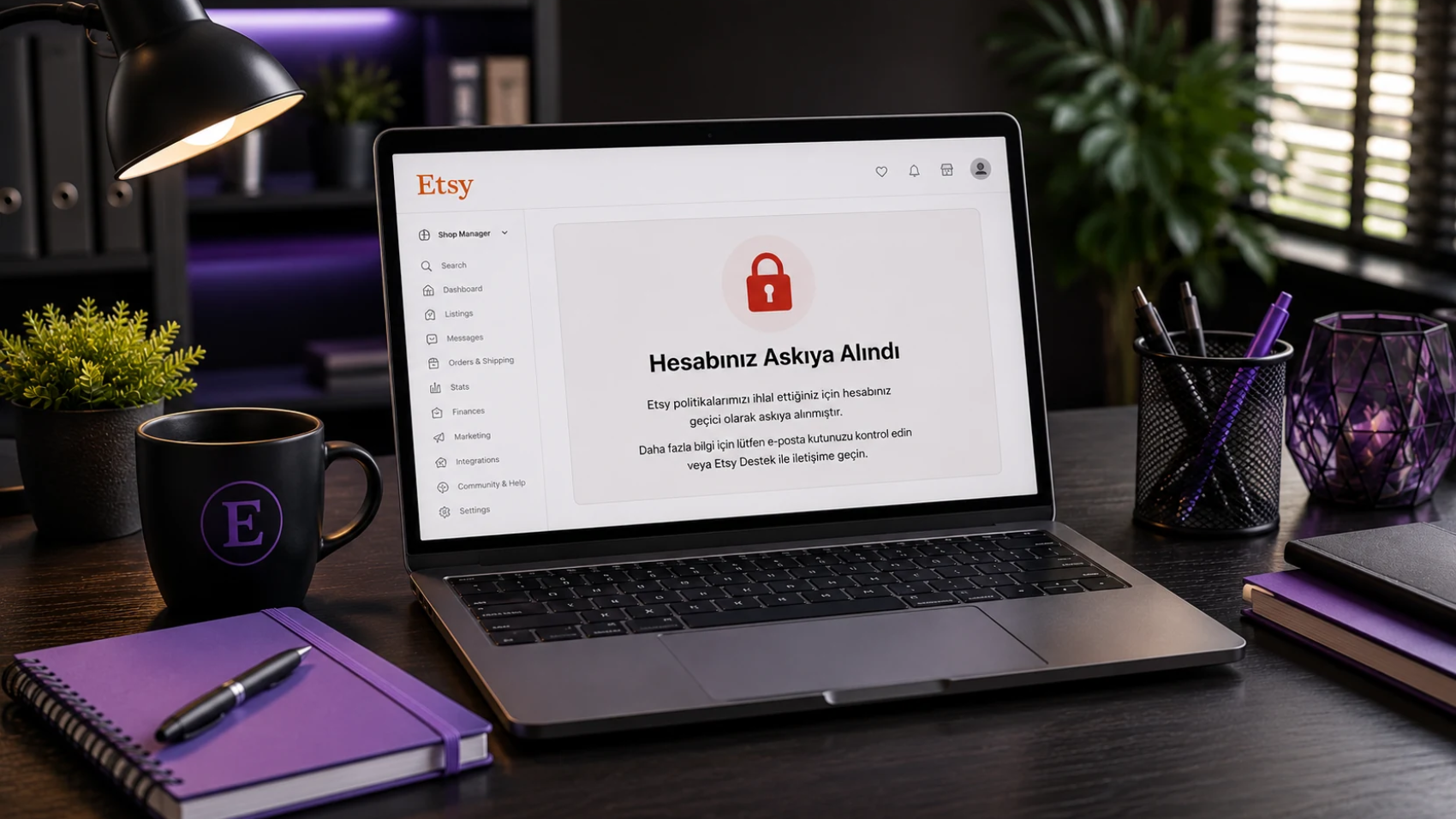 Etsy hesabı askıya alınan bir satıcının mağaza güvenliği, kimlik doğrulama ve hesap inceleme sürecini temsil eden modern çalışma masası konsepti