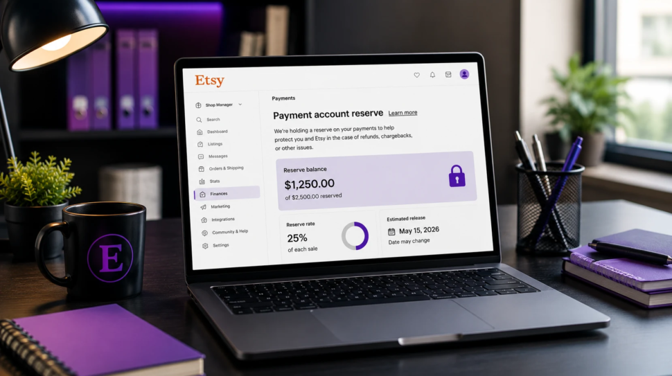 Etsy Reserve uygulamasını, ödeme rezervi sürecini ve Etsy Payments panelini temsil eden modern çalışma masası ve e-ticaret yönetim konsepti