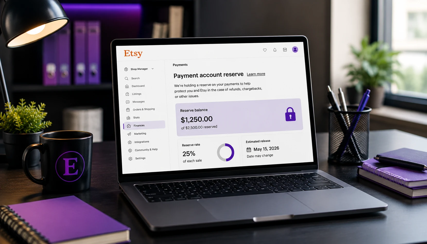 Etsy Reserve uygulamasını, ödeme rezervi sürecini ve Etsy Payments panelini temsil eden modern çalışma masası ve e-ticaret yönetim konsepti