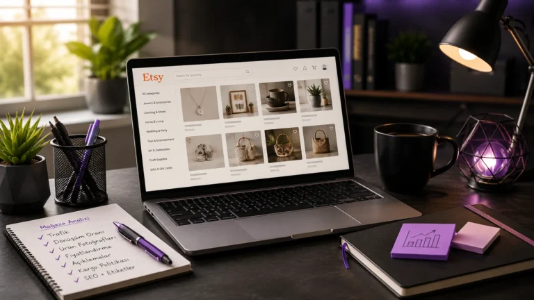 Etsy ziyaret var ama satış yok sorununun nedenlerini analiz eden profesyonel çalışma masası ve Etsy mağaza optimizasyonu konsepti