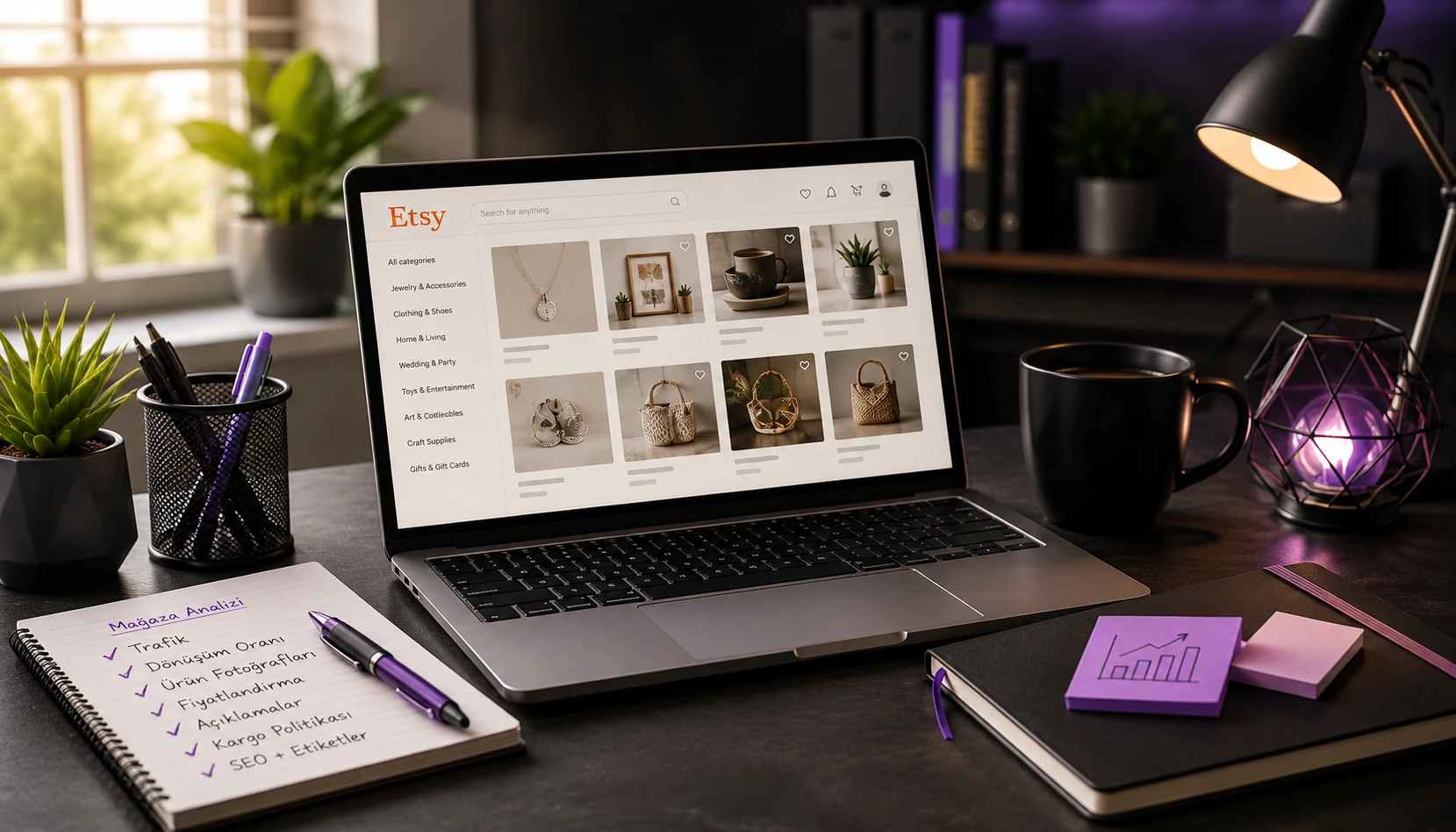 Etsy ziyaret var ama satış yok sorununun nedenlerini analiz eden profesyonel çalışma masası ve Etsy mağaza optimizasyonu konsepti